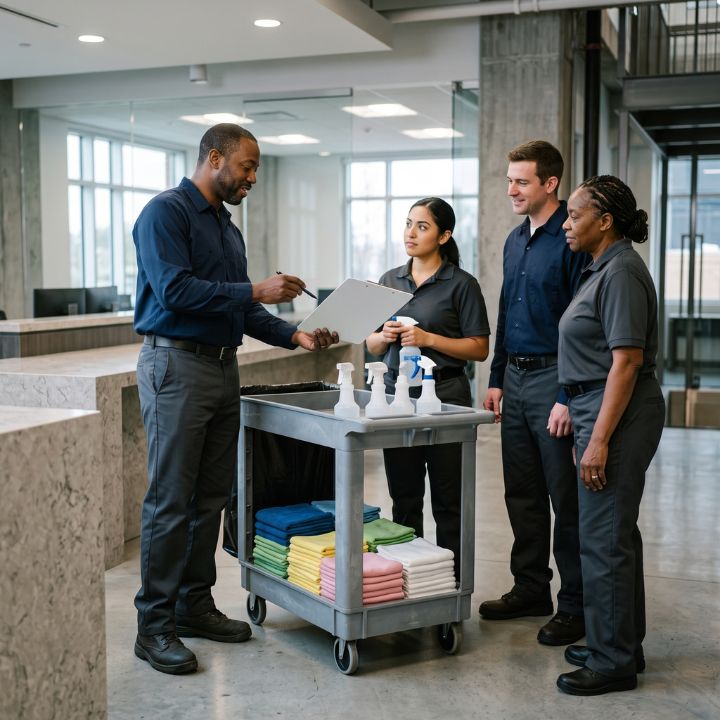 Evercrest supervisor mentoring a cleaning professional on-site