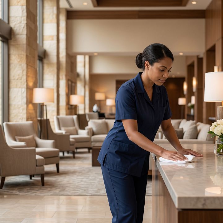 Professional cleaning crew servicing a bright commercial office